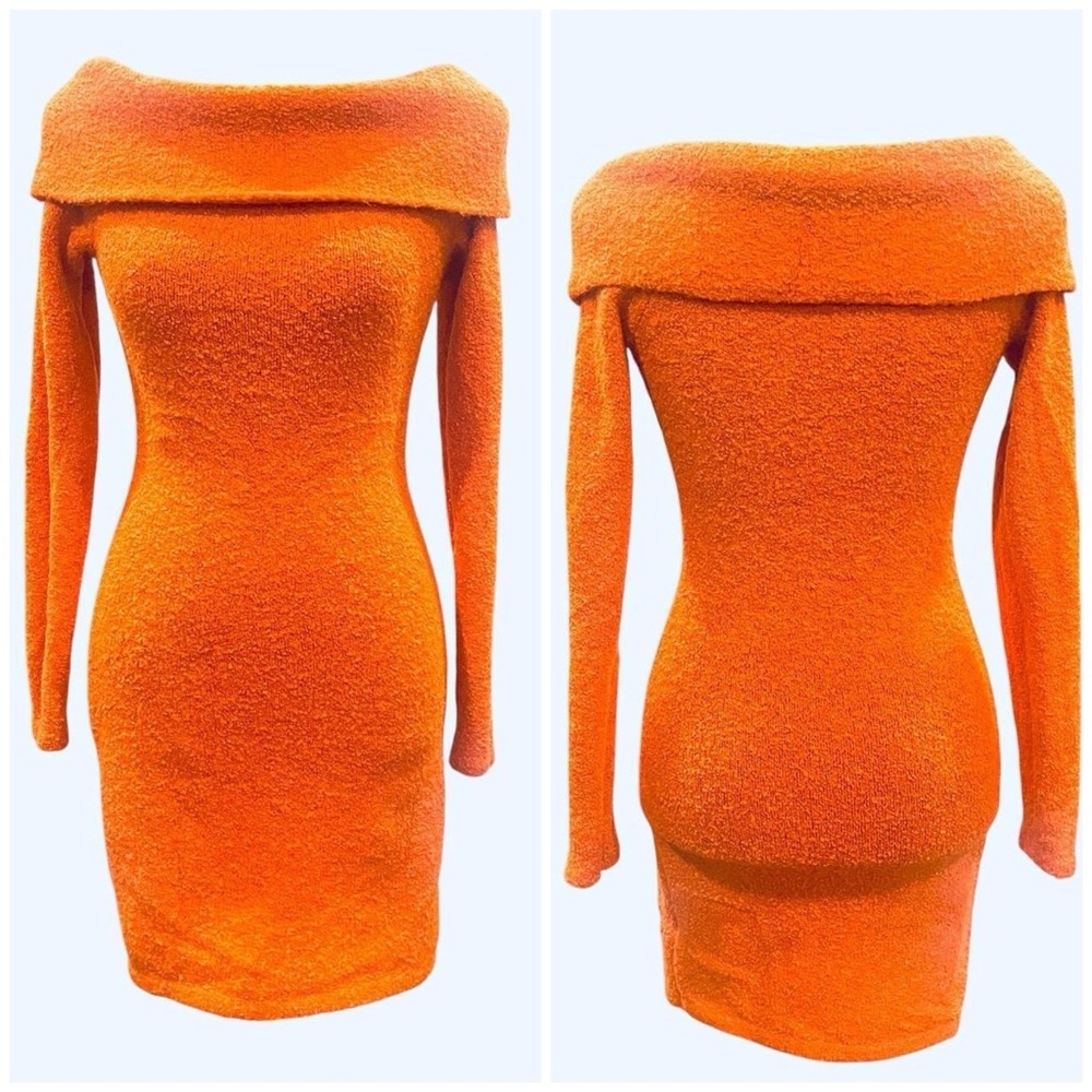 H&M Orange Wool Blend Off Shoulder Bodycon Dress Size XS